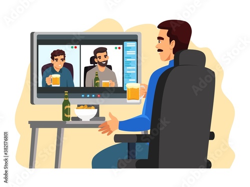 People drinking beer at online video call. Communication via computer screen vector illustration. Man and male friends celebrating with beer and snacks. Virtual digital meeting