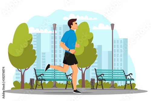 Man running in park. Guy exercising outdoor in morning. Schedule vector illustration. Everyday healthy routine. City background with biuldings, tree, benches and streetlights