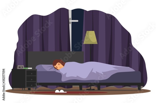 Woman sleeping in bed at night. Girl lying under blanket in evening. Schedule vector illustration. Everyday routine at home. Bedroom modern interior design. Dark room with lamp