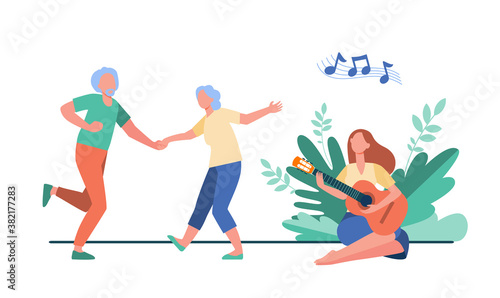 Old couple dancing at outdoor party. Young woman playing guitar flat vector illustration. Old people activity, retirement, having fun concept for banner, website design or landing web page