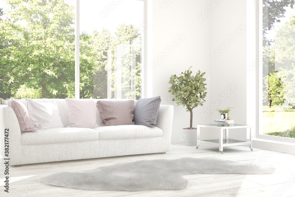 White living room with sofa and summer landscape in window. Scandinavian interior design. 3D illustration White living room with sofa and summer landscape in window. Scandinavian interior design. 3D illustration