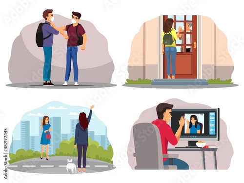 Social distance greetings set. Avoid virus spreading, corona virus prevention vector illustration. Alternative to handshake, isolation at home, waving from distance, video call