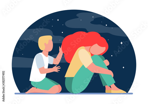 Boy trying to help sad woman. Grief, kid, night flat vector illustration. Depression and melancholy concept for banner, website design or landing web page