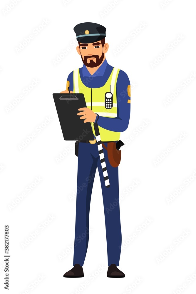 Police officer writing fine on board. Policeman stopping, standing with ticket and radio device. Safe driving vector illustration. Man in uniform isolated on white background