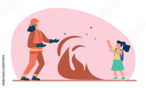 Firefighter saving girl life. Flame between firemen in protective suit and child with schoolbag flat vector illustration. Fire hazard, emergency concept for banner, website design or landing web page