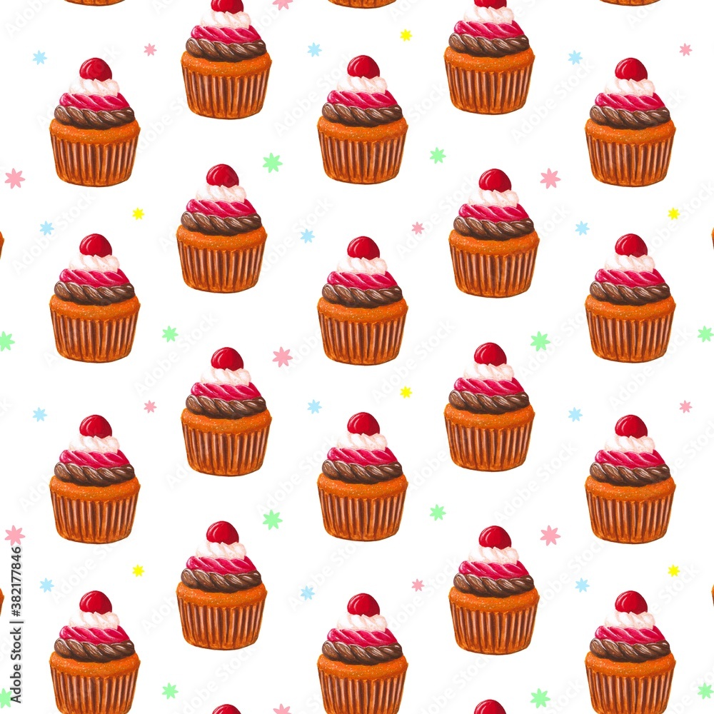 Seamless pattern with a cupcake with with cherries and chocolate and red cream . On white background. Muffin. Sweet pastries decorated for wrapper and fabric Seamless pattern with a cupcake with with cherries and chocolate and red cream . On white background. Muffin. Sweet pastries decorated for wrapper and fabric
