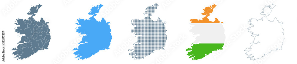 Obraz premium Ireland Map Set - Vector Solid, Contour, Regions, Flag, Pixels
