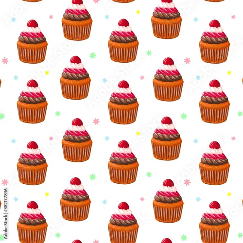 Wallpaper Mural Seamless pattern with a cupcake with with cherries and chocolate and red cream . On white background. Muffin. Sweet pastries decorated for wrapper and fabric Torontodigital.ca