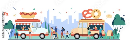 People visiting street food festival and buying snacks in trucks. Flat vector illustration for fair, summer event, market, vendors concept