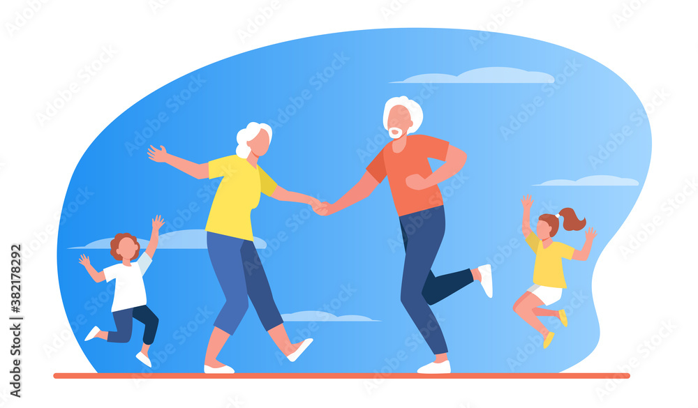Old couple and kids dancing at family party. Having fun, grandparents, grandchildren flat vector illustration. Generation, happy retirement concept for banner, website design or landing web page