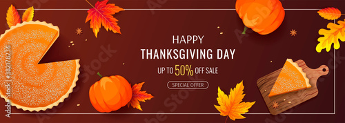 Happy Thanksgiving Day promo sale banner or background with pumpkin pie and autumn leaves. Vector illustration for poster, banner, special offer.