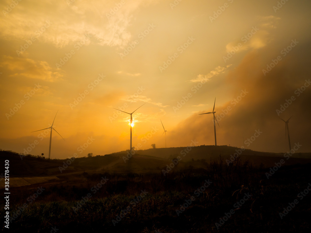 Many wind turbines are located on the hill to generate clean energy, Sent to use in the city