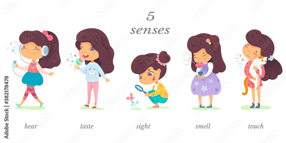 Girl showing five senses set. Sense of sight, touch, hear, smell, taste vector illustration. Small happy child in nature and exploring wonders of spring. Joyful education at childhood Girl showing five senses set. Sense of sight, touch, hear, smell, taste vector illustration. Small happy child in nature and exploring wonders of spring. Joyful education at childhood
