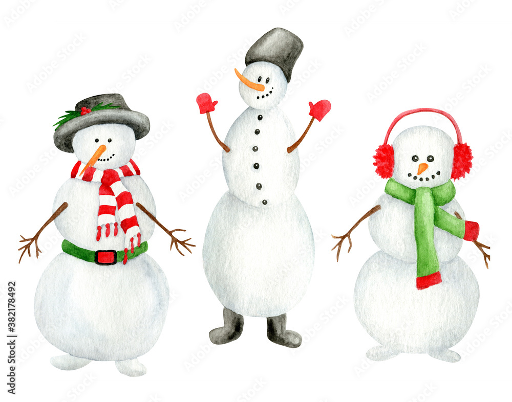 Cute watercolor snowmen set. Hand drawn Christmas illustration with snowman in hat, glows, earmuffs isolated on white background. Winter symbol for New year card, postcard, print, decoration