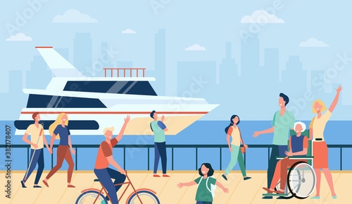 People enjoying vacation and walking by sea or river, waving hello at boat. Flat vector illustration for tourists, seaside, quay, leisure time in summer concept