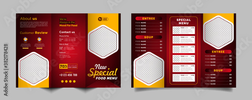 Food trifold brochure menu template. fast food menu brochure for restaurant with red color
