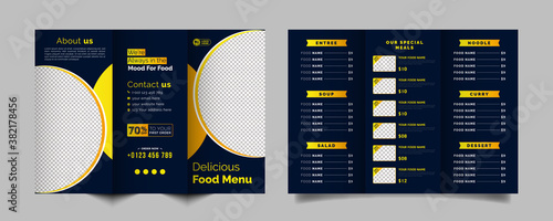 Food trifold brochure menu template. fast food menu brochure for restaurant with dark blue color