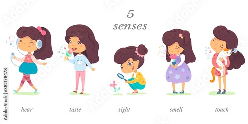 Girl showing five senses set. Sense of sight, touch, hear, smell, taste vector illustration. Small happy child in nature and exploring wonders of spring. Joyful education at childhood