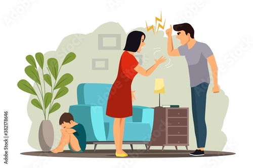 Angry people in family conflict. Woman and man shouting, screaming, yelling, fighting, scared child crying. Unhappy marriage vector illustration. Domestic quarrels, kid suffering