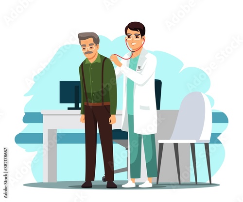 Doctor doing checkup examination on old patient in hospital. Health care vector illustration. Man listening to breathing with stethoscope, senior standing. Visit to physician