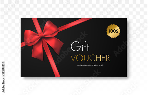 Gift voucher with red ribbon and bow. Discount gift cards template. Vector illustration