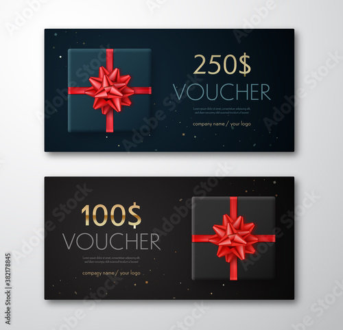 Gift voucher with red ribbon and bow. Discount gift cards template. Vector illustration
