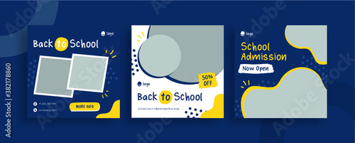 Set of editable templates for Instagram post, Facebook square frame, social media, back to school, courses, advertisement, and business promotion, fresh design with blue and yellow color (3/3)