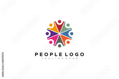 Abstract People Logo. Colorful Eight Stars Human Symbol isolated one white background. Usable for Business and Teamwork Logos. Flat Vector Logo Design Template Element.