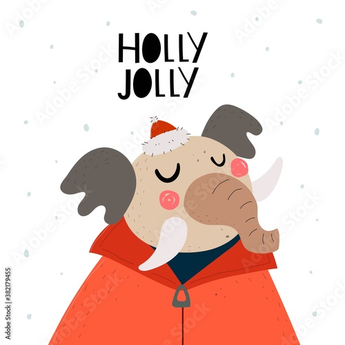 Holly jolly. cartoon elephant, hand drawing lettering, decor elements. holiday theme. Colorful vector illustration, flat style. design for greeting cards, print, poster