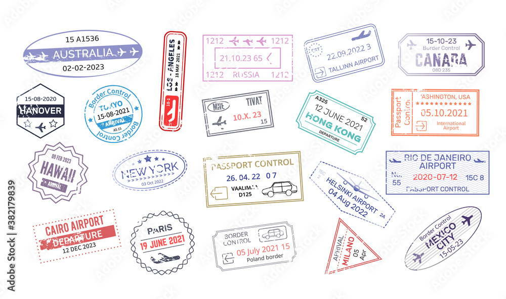 Stamp in passport for traveling an open passport. International arrival visa  stamps vector Mexico, Australia, Hong Kong, Canada,USA, New York, Hawaii,  Paris, Hanover 素材庫向量圖| Adobe Stock