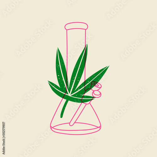 Glass bong for smoking weed and a hemp leaf. Medical Marijuana smoking accessories. Cannabis and weed legalization concept. Hand drawn trendy modern Vector illustration