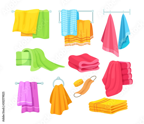 Bath and kitchen towels. Fabric towel hanging on ring, rolled cloth towels, flying towels hanging from a rope, linen on dryer. Bathroom textile cartoon vector