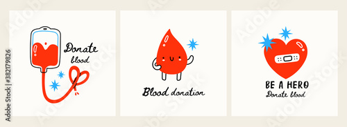Be a hero, Donate blood. Hand drawn three Vector illustrations. Donate Blood, Health Care Concept. World Blood Donor Day. Trendy digital art. Every card is isolated