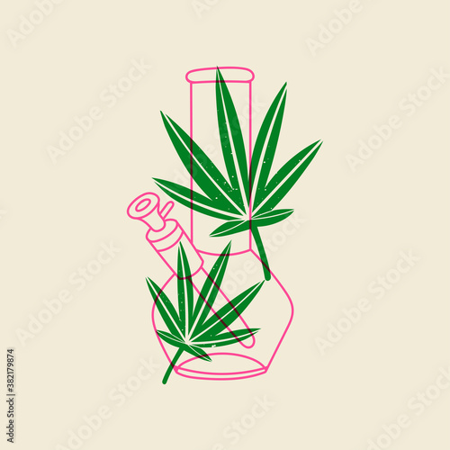 Glass bong for smoking weed and a hemp leaves. Medical Marijuana smoking accessories. Cannabis and weed legalization concept. Hand drawn trendy modern Vector illustration