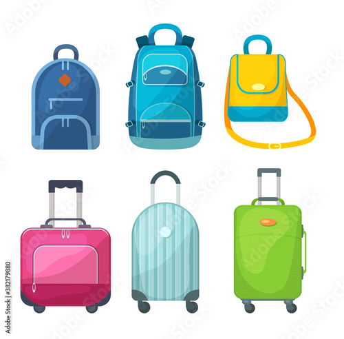 Travel luggage, metal backpacks, plastic case and leather bag. Travel suitcase with wheels, journey package, business travel bag, trip luggage. Backpack suitcase for journey, vacation, tourism