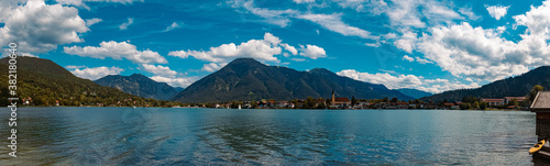 High resolution stitched panorama of a beautiful alpine view with Rottach-Egern and the Wallberg at the famous Tegernsee, Bavaria, Germany