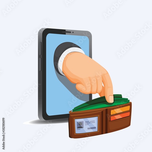 Hand take money on wallet from phone. internet scammer and financial concept in cartoon illustration vector isolated in white background