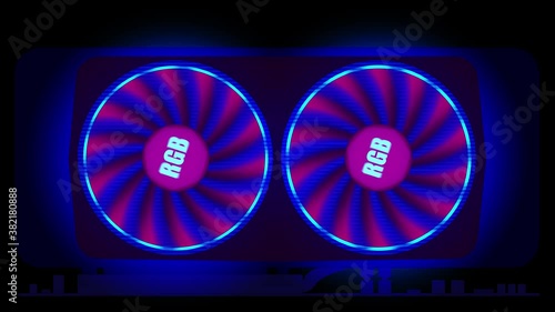 Video graphics card with rotating cooling fans, video looping, animation, cartoon