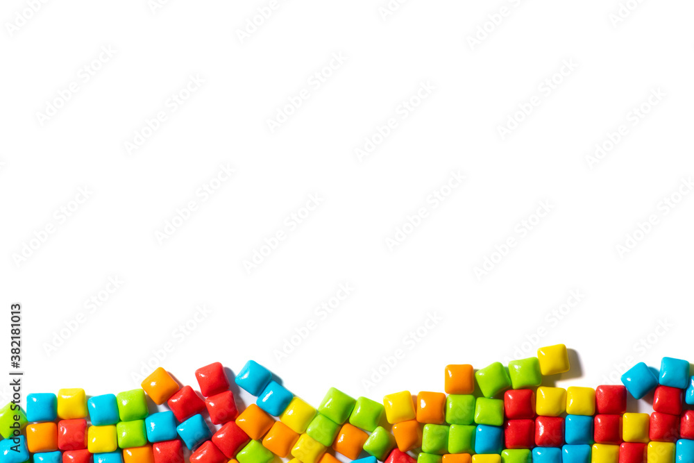Candies. Color candy on the bottom on white background top view frame ...