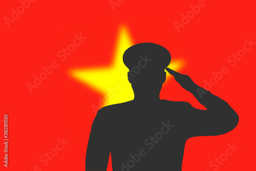 Solder silhouette on blur background with Vietnam flag.