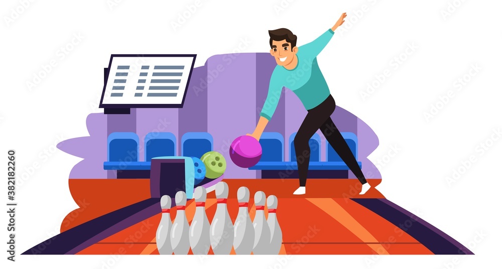 Man throwing ball playing bowling. Guy throws ball on lane into tenpins