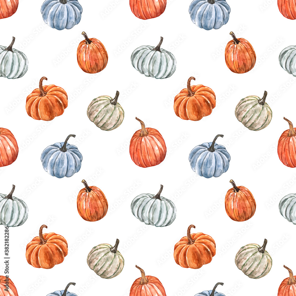 Fall pumpkin seamless pattern. Watercolor orange, blue and white pumpkin  print. Halloween or Thanksgiving designer paper with white background.  Colorful botanical illustration of autumn vegetables. Stock Illustration