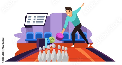 Man throwing ball playing bowling. Guy throws ball on lane into tenpins and skittles. Recreation and hobby vector illustration. Night entertainment, fun leisure activity