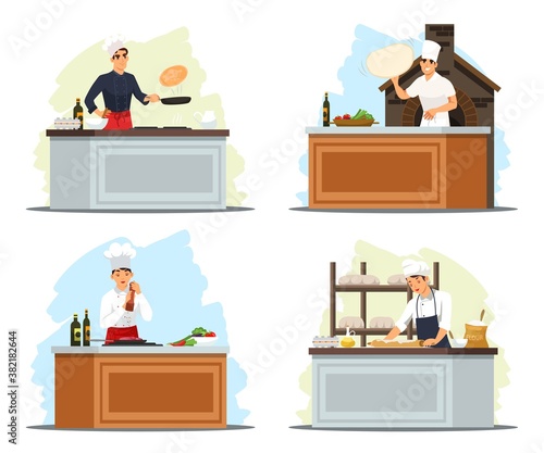 Chef cooking in restaurant kitchen illustration set. Master cooks meals: meat with spices and vegetable salad, pizza, pancakes, bakes bread. Professional culinary show vector