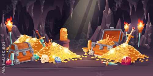 Cave with treasure, pile of gold coins, jewelry and gem. Vector cartoon illustration of treasury in rock mine with wooden chest full of riches, swords, torch and skull