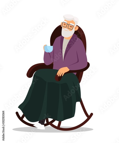 Old grandpa sitting in armchair. Happy senior adult man in rocking chairs. Relaxing retirement vector illustration