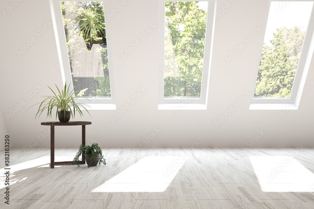Fototapeta premium Stylish empty room in white color with summer landscape in window. Scandinavian interior design. 3D illustration