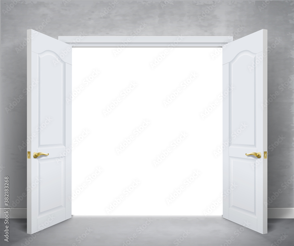 Open white double doors on gray wall Open white double doors on gray wall