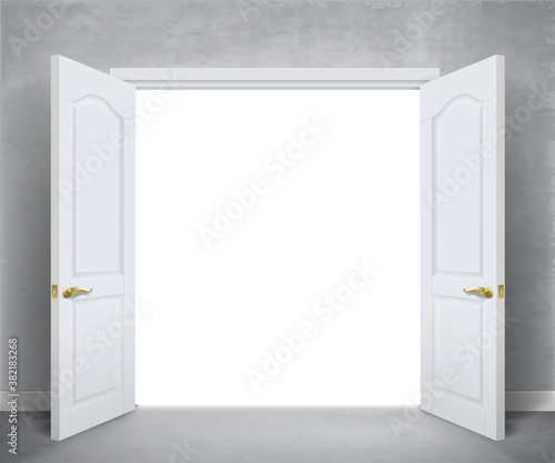 Fototapeta Naklejka Na Ścianę i Meble -  Open white double doors on gray wall
