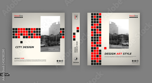 Abstract patch brochure cover design. Black info data banner frame. Techno title sheet model set. Modern vector front page art. Urban city blurb texture. Red citation figure icon. Ad flyer text font